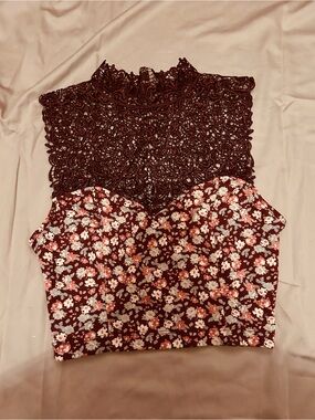 Tela Women's Burgundy Floral Lace Yoke Crop Top Size Small